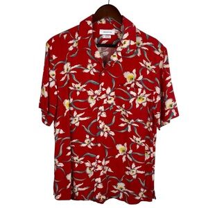 Urban Outfitters | Red Floral Button Short Sleeve Shirt